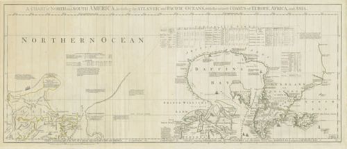 A chart of North and South America, including the Atlantic and Pacific Oceans, with the nearest coasts of Europe, Africa, and Asia